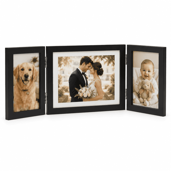 Trifold Hinged Picture Frame Collage for Tabletop Display, Fits 4x6 and 5x7 Photos, Black