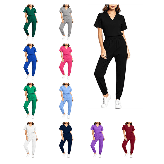 Busydd 2 Piece Solid Color Womens Scrubs Sets V Neck Short Sleeve Top and Elastic Waist Jogger Pants Nursing Scrubs S