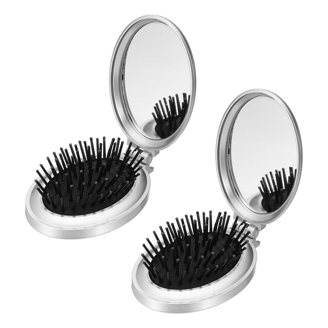 2 Pcs Cepillo de Cabello Plegable, Mini Cepillo con Espejo, Peine de Viaje Ovalado Portátil para Mujeres y Niñas, Maquillaje de Viaje, Plateado Mate
