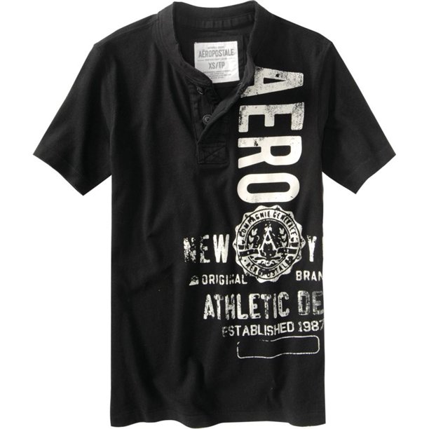 Aeropostale - Camiseta henley con estampado de pantalla sólida para hombre, color negro, extra pequeño