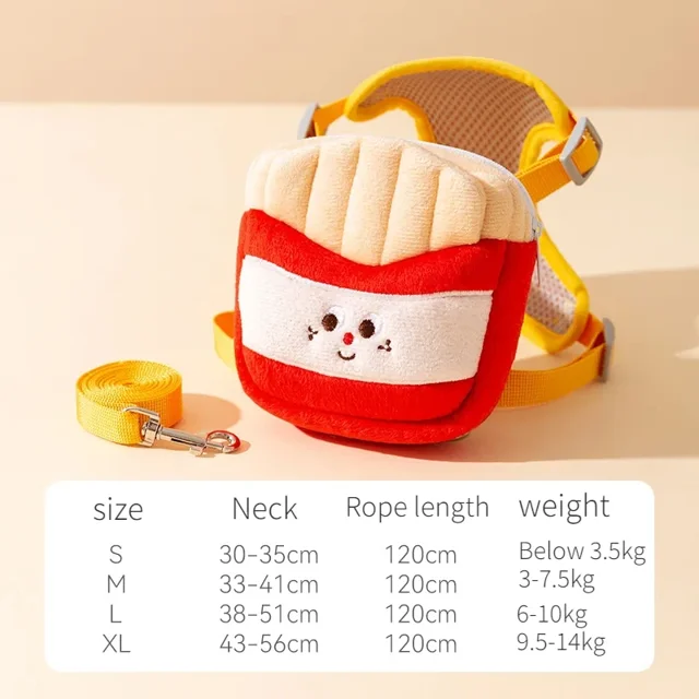 Pet Backpack Traction Rope Cat Vest Dog Chest Strap Going Out for A Walk Dog Rope Cartoon Hamburger Backpack Dog Traction Rope (Chips,L)