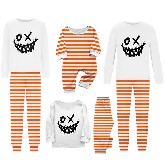 Onlypjs Matching Halloween Pajamas for Family White Orange Striped Sleepwear Sets Spooky Creepy Grin Pumpkin Face Loungewear for Adults Women Men Couples