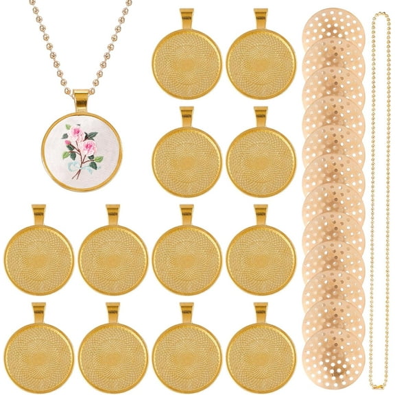 12 Set Embroidery Pendant Tray Set Alloy Embroidery Pendant Kit Round Bezel Pendant Trays Blank Frame with Chain for DIY Jewelry Making Crafts Projects Black