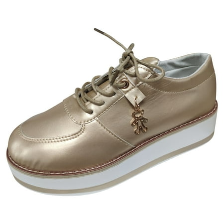 

womens beach shoes Ladies Fashion Solid Color Leather Round Toe Lace Up Platform Casual Shoes Pu Gold