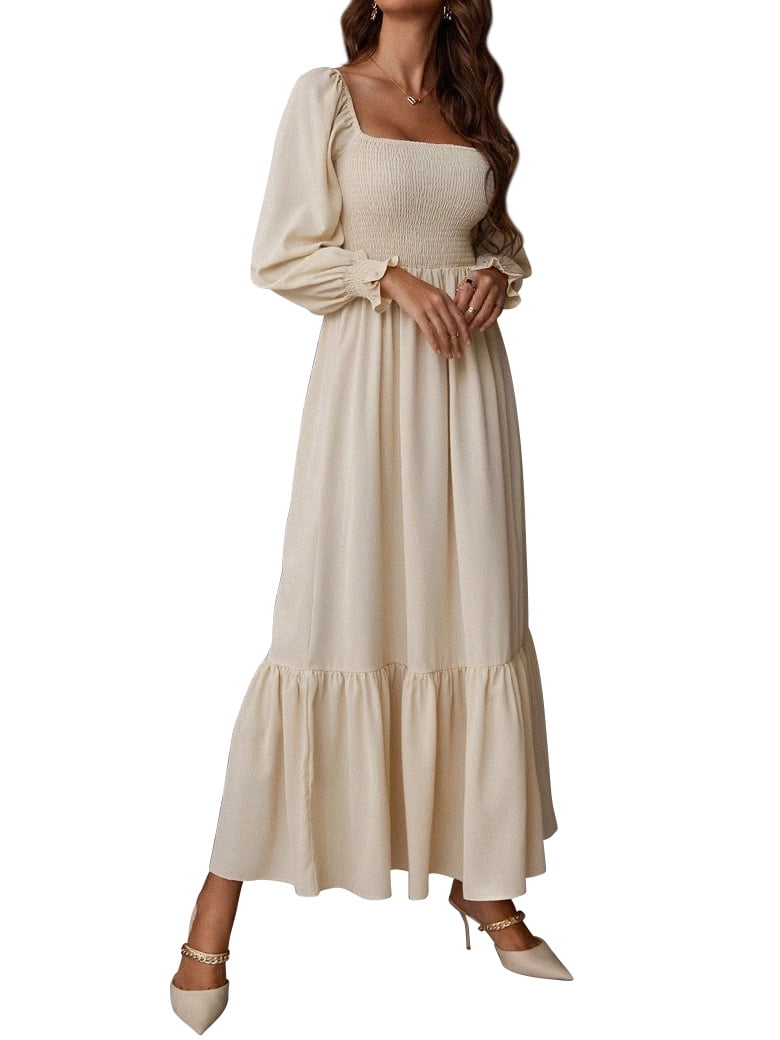 Xuanfei Women Square Neck Smocked Long Sleeve Tiered Maxi Dress