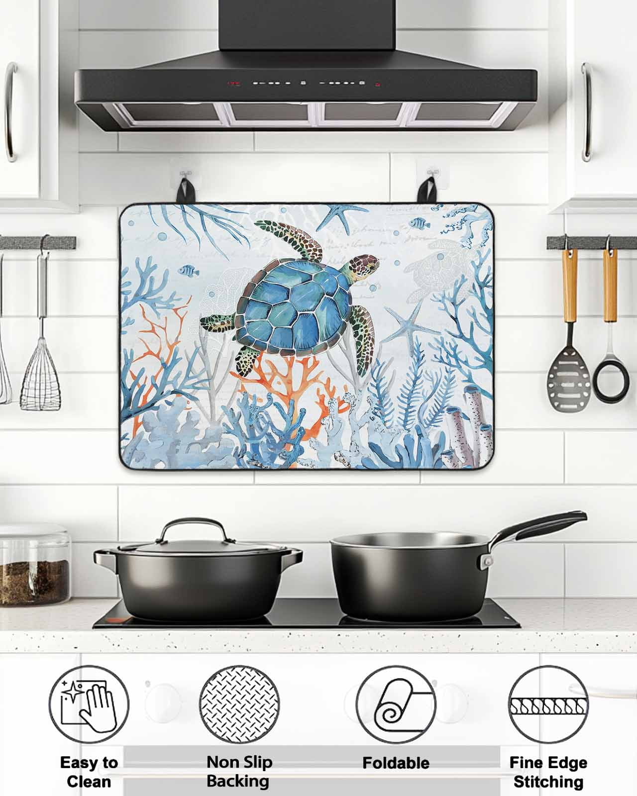 Stove Top Covers for Electric Stove, Turtle Glass Stovetop Cover Protector, Blue Coastal Starfish Ocean Coral Nautical Induction Cooktop Protector Oven Mat for Kitchen Countertop 24"x21"