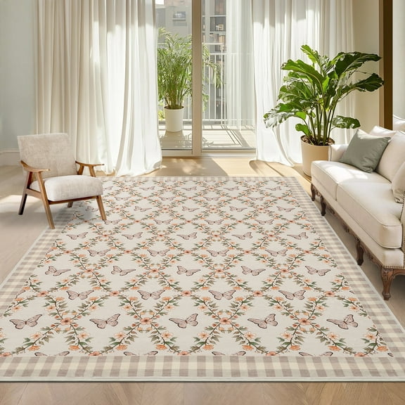 GlowSol 9'x12' Area Rugs Geometric Bordered Large Rug Farmhouse Floral Low Pile Non-Slip Rug Butterfly Pattern Rug for Living Room, Bedroom, Taupe