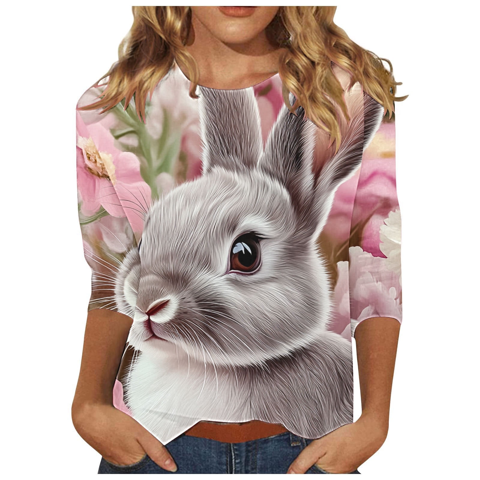 ZVAVZ Joyeuses Pâques Chemises pour Femmes, Bonbons de Pâques Col Rond Hauts Décontractés Mignons Lapin Manches 3/4 T-Shirts Imprimés Tops de Printemps Vente en Liquidation Gris P