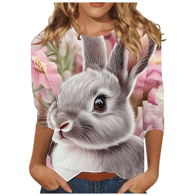 ZVAVZ Joyeuses Pâques Chemises pour Femmes, Bonbons de Pâques Col Rond Hauts Décontractés Mignons Lapin Manches 3/4 T-Shirts Imprimés Tops de Printemps Vente en Liquidation Gris P