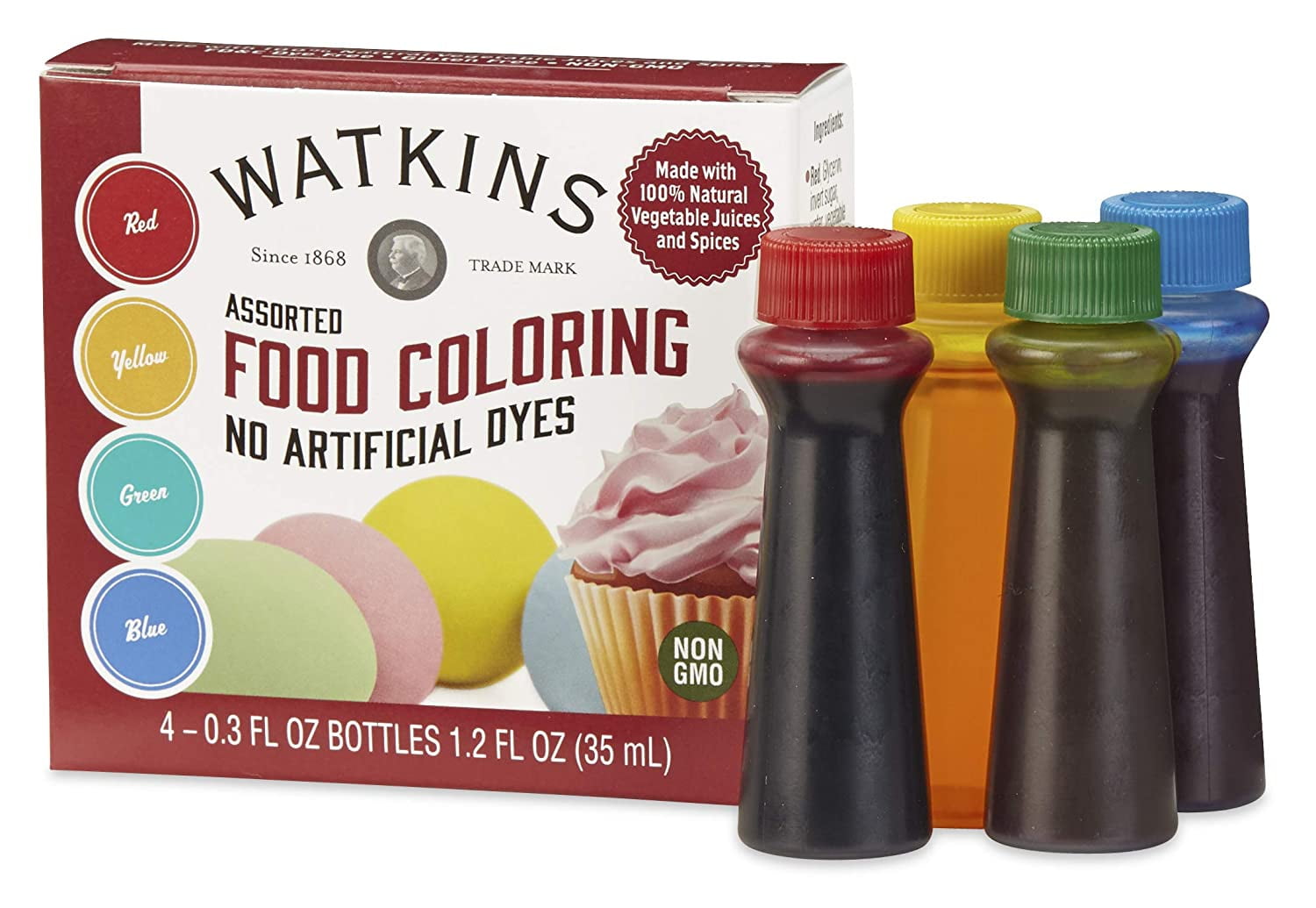 Watkins Assorted Food Coloring, 1 Each Red, Yellow, Green, Blue, Total