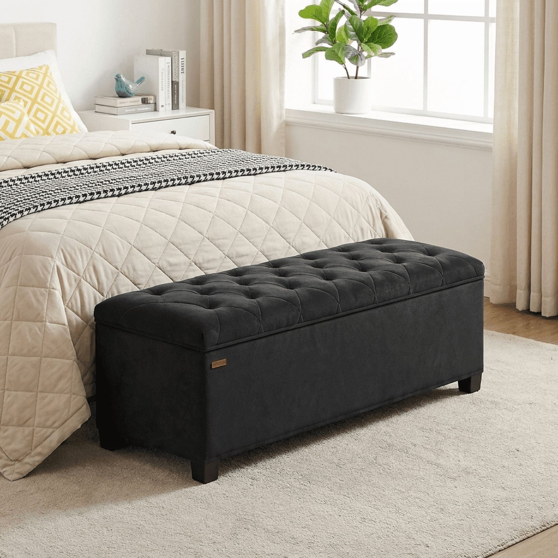 LEDREM Velvet Storage Ottoman Bench with Removable Cover, 43-Inch Long Foot Rest Stool for Bedroom Living Room, Holds 660 lbs, Ink Black