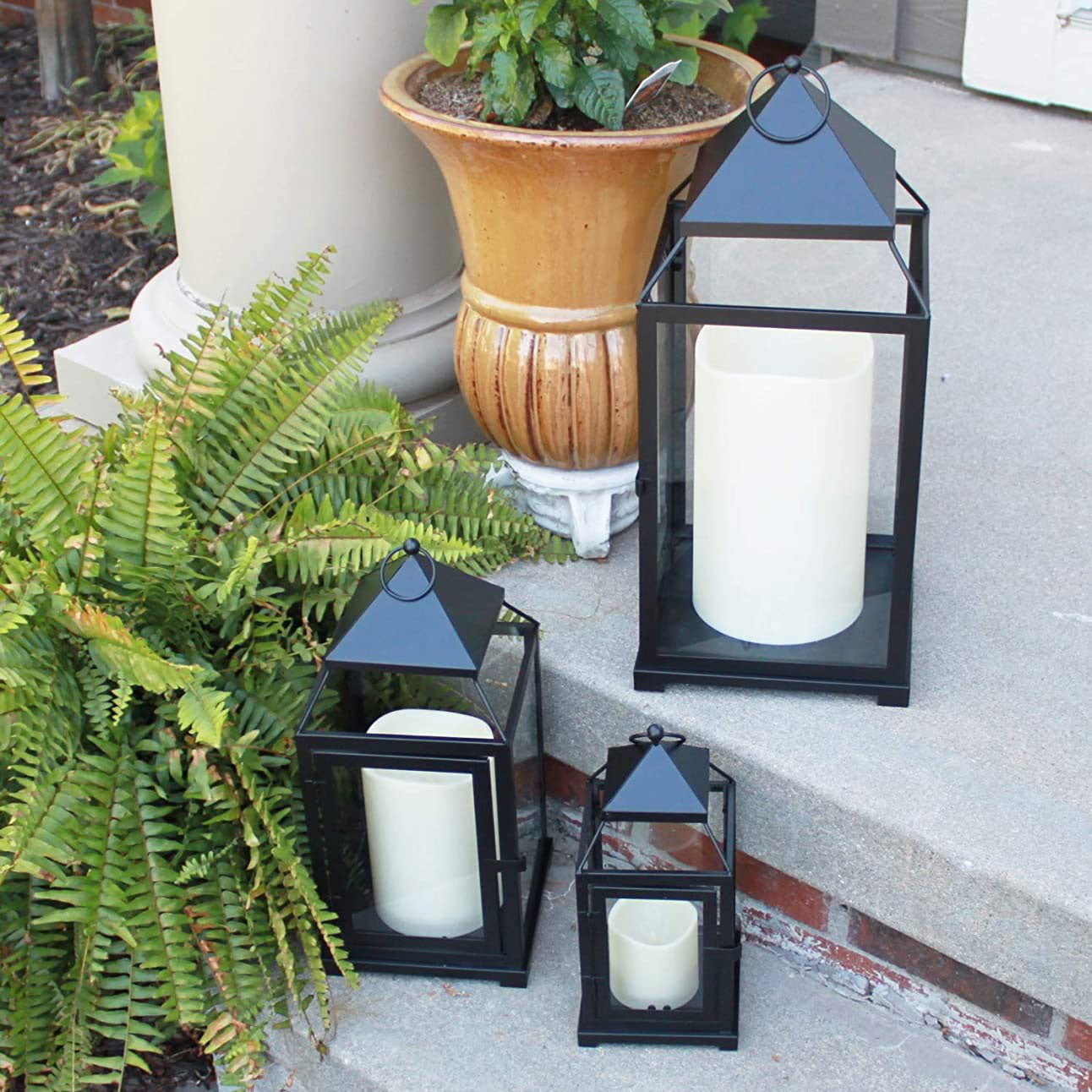 Pebble Lane Living Indoor /& Outdoor Hanging Bristle Candle Lanterns Assorted Set of 3 Black Powder Coated Frame /& Tempered Glass Panes
