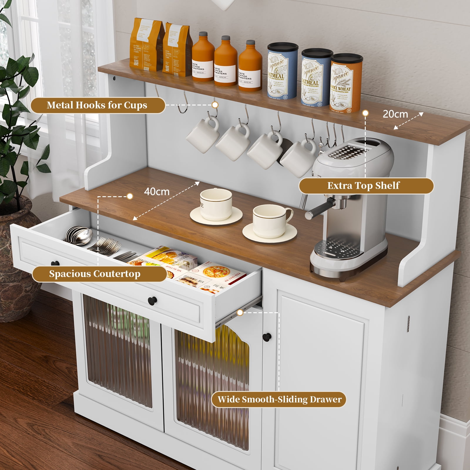CBJCBJ 48“ Modern Wood Kitchen Pantry Cabinet with Coffee Bar, Drawer & Microwave Stand,White
