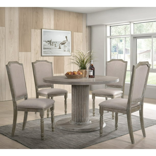 Ferran Wood Pedestal Dining Table Set, Acme Furniture Gabrian Gray Fabric Wood 9pc Dining Room Set