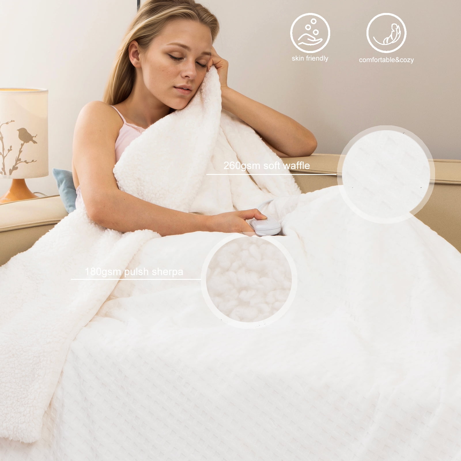 Dowin Waffle Fleece Electric Heated Blanket - Throw Size 50x60, with Auto Shut off for Couch Office Chair Bed Adults, Machine Washable, Beige