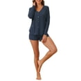 thumbnail image 2 of INSPIRE CHIC Women's Waffle Pajama Sets Knit Lounge Set Button Up Long Sleeve Top and Shorts Matching Loungewear XS Blue, 2 of 5