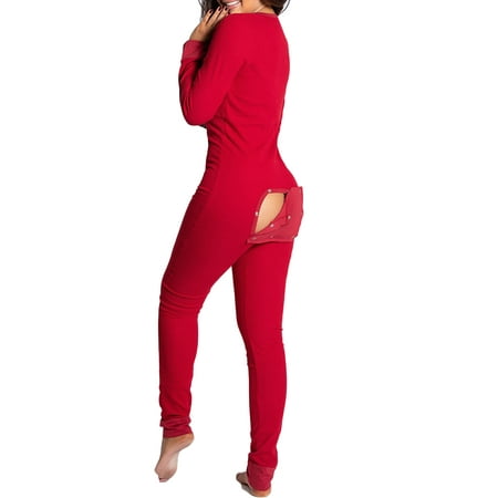 

Lazybaby Womens Butt Flap Jumpsuit Long Sleeve V Neck Bodycon Romper Pajamas Sleep Night Wear Onesie