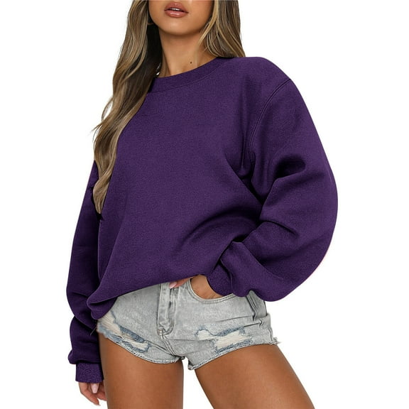 DeHolifer Women Oversized Long Sleeve Sweatshirt Hoodie Loose Fit Solid Round Neck Casual Pullover Fall Clothes Purple X-Large