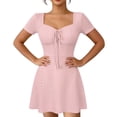 thumbnail image 2 of ClodeEU Women's Square Neck Front Tie Short Sleeve Mini Dress,Casual Slim Waist Flared A Line Sundress Pink,Women's Plus S, 2 of 6