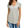 thumbnail image 2 of Uhndy Women's Lace Stitching Short Sleeve V Neck Zip Up Shirt Gray L-LQ, 2 of 6