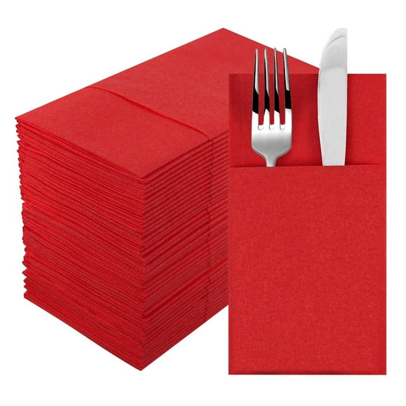 Nvzi 50 servilletas desechables con bolsa para cubiertos incorporada, preplegadas, ideales para la decoración de mesas en restaurantes, bodas y fiestas, color rojo.