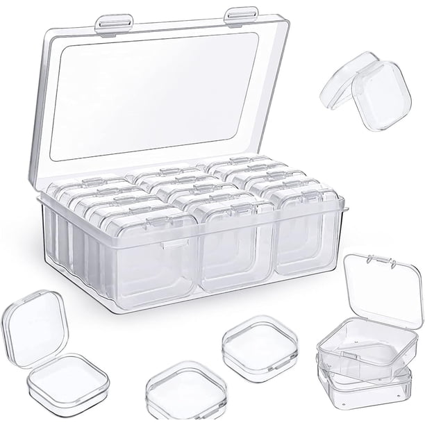 Caja de almacenamiento pequeña de plástico transparente de 12 piezas con tapa con bisagras para recolectar artículos pequeños, cuentas, joyas, viene con una caja rectangular para almacenar cajas