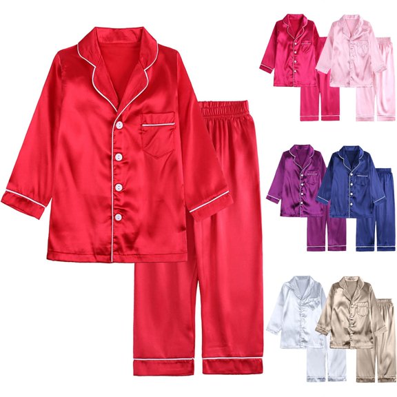 Antinious Toddler Boys Girls Solid Imitate Silk Round Neck Long Sleeve Straight Leg Pants Soft Loungewear Outfit