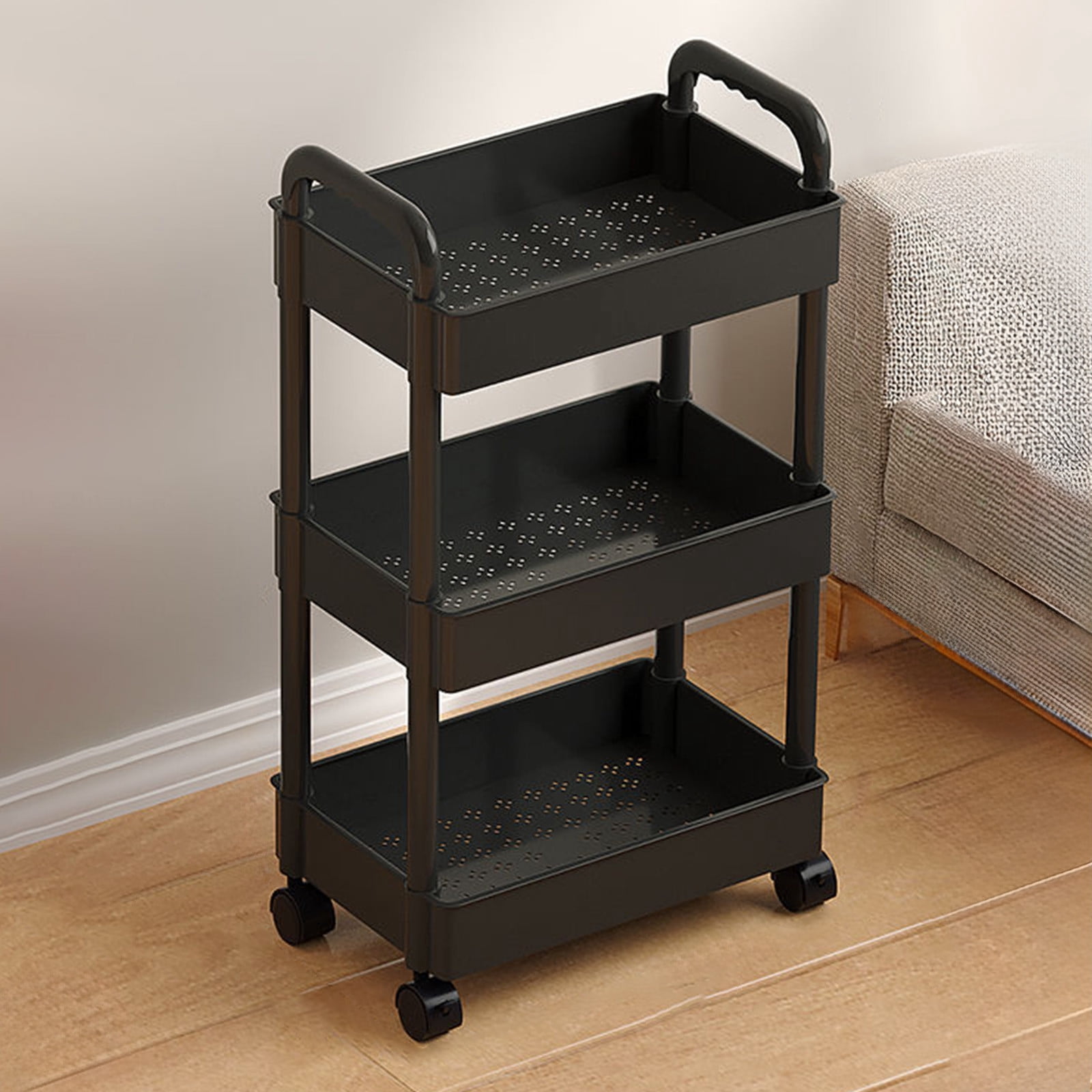 XEOVHV 3 Tier Rolling Cart – Metal Utility Storage Cart with Wheels, Craft Organizer with Hanging Cups, Hooks, Heavy Duty Mesh Basket for Bedside Kitchen Office Art, Black