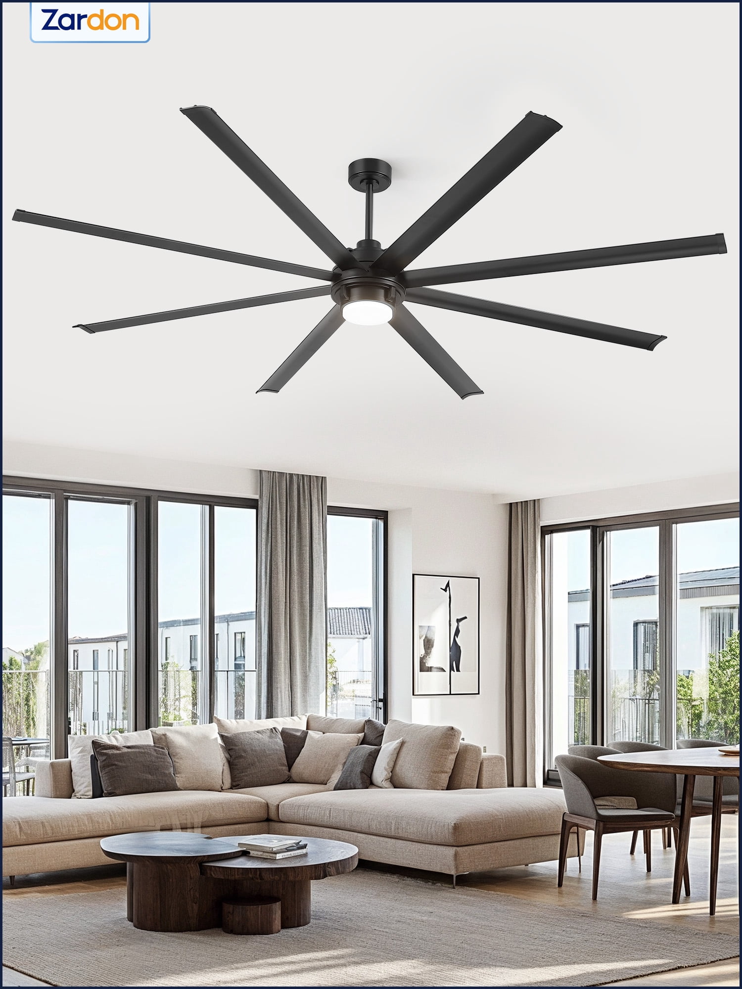 Zardon 96in Large Ceiling Fan with Light and Remote Control, Industrial Ceiling Fan with 6 Speeds Reversible for Indoor, Outdoor, Garage, Black