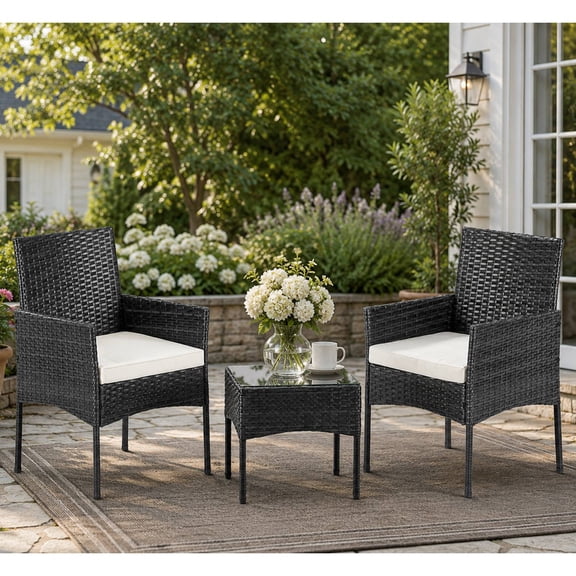 Patio Porch Furniture Sets 3 Pieces PE Rattan Wicker Chairs with Table Outdoor Garden Conversation Set with Removable Cushions, Black