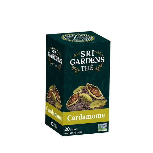 Sri Gardens Tea, Cardamom, 20 Tea Bags. A box of cardamom black tea combining bold black tea with aromatic cardamom. Includes 20 individually wrapped tea bags for freshness and aroma. Ideal for hot or iced beverages, naturally caffeinated, and perfect for pantry storage.