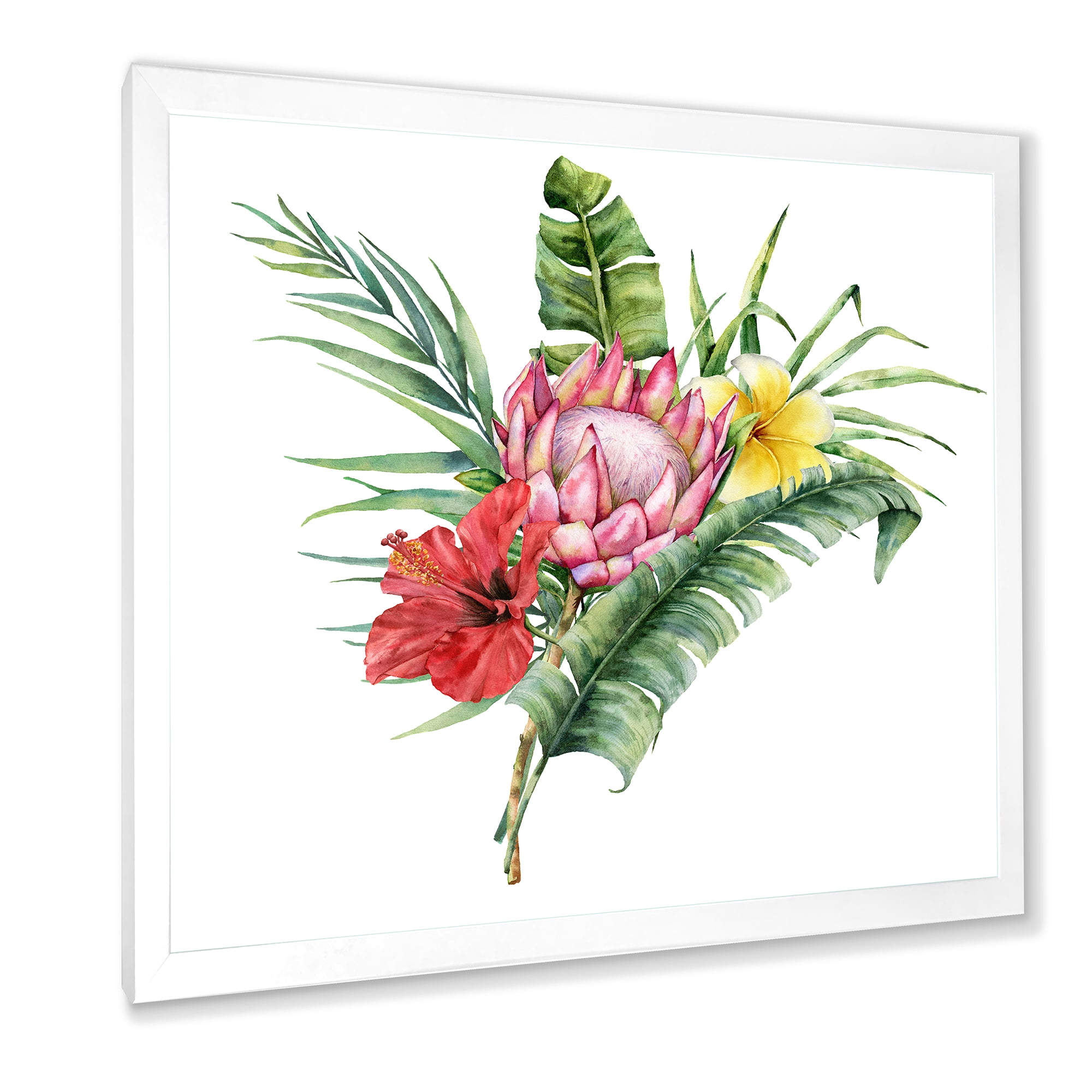 Designart 'Flowers Bouquet With Protea Plumeria Hibiscus' Traditional Framed Art Print