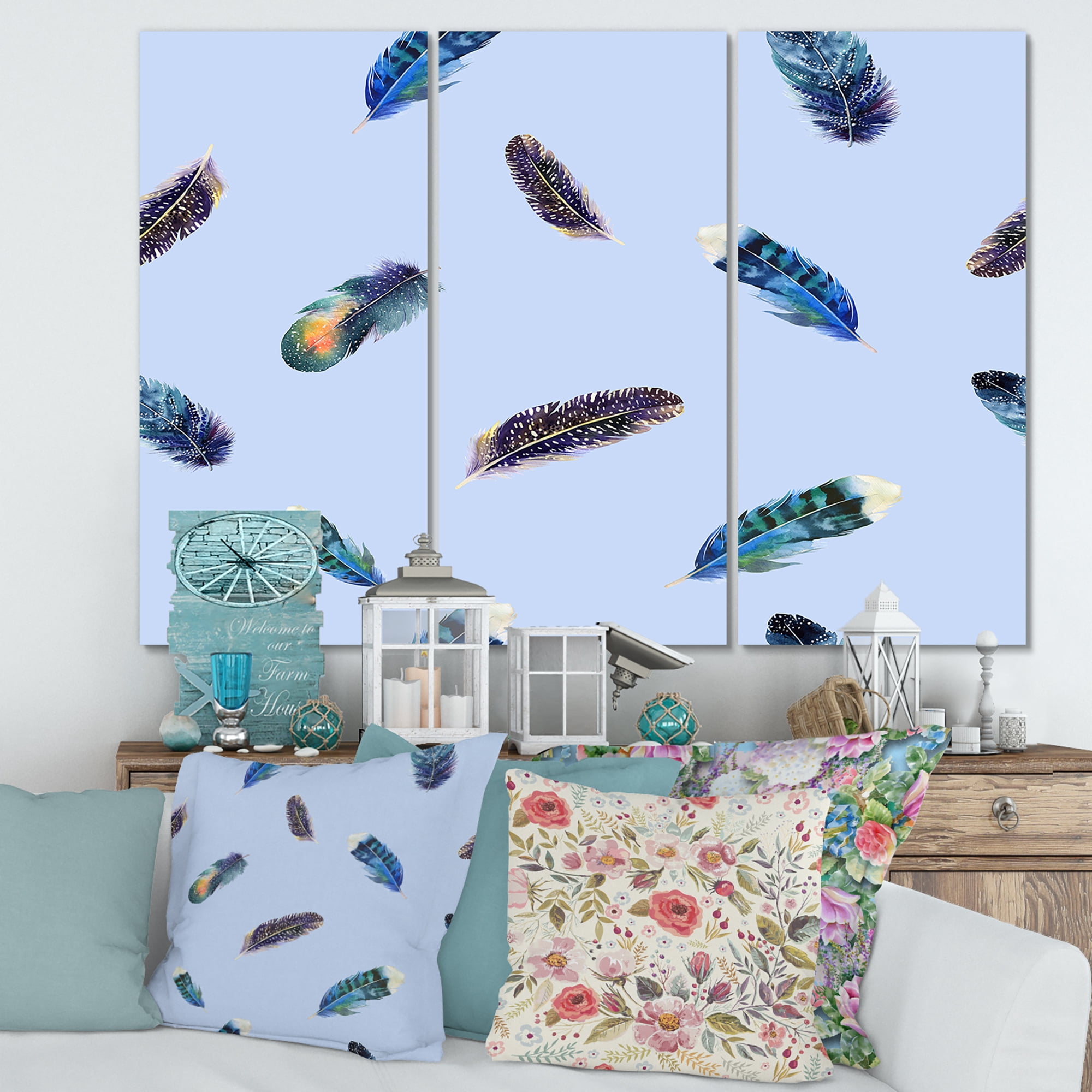 Designart ' Blue Feathers Boho Ethnic ' Bohemian & Eclectic Canvas Wall Art Print