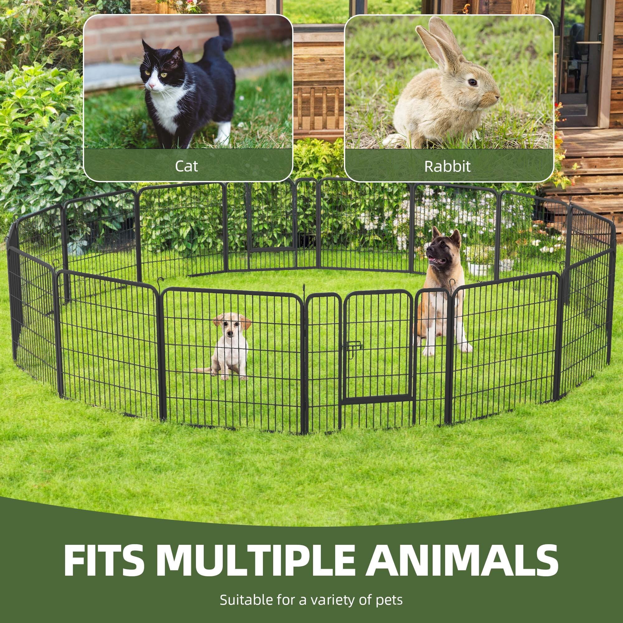 Uforic 32" Tall Metal Garden Fence Panels with Gate & Lock, 16 Pcs Decorative Pet Dog Fence, Animal Barrier for  Patio & Garden, Black