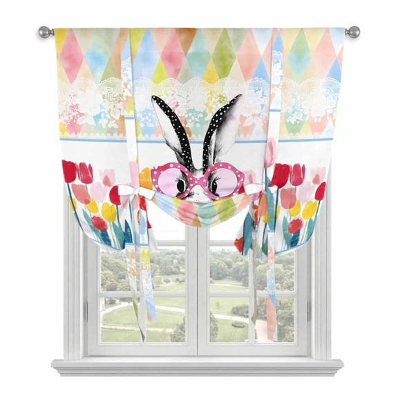 Easter Bunny Tie Up Curtains for Windows, Balloon Window Shades, Spring Tulips Oil Painting Abstract Modern Kitchen Window Treatments Roll Up Curtain for Basement/Nursery 52"x45"