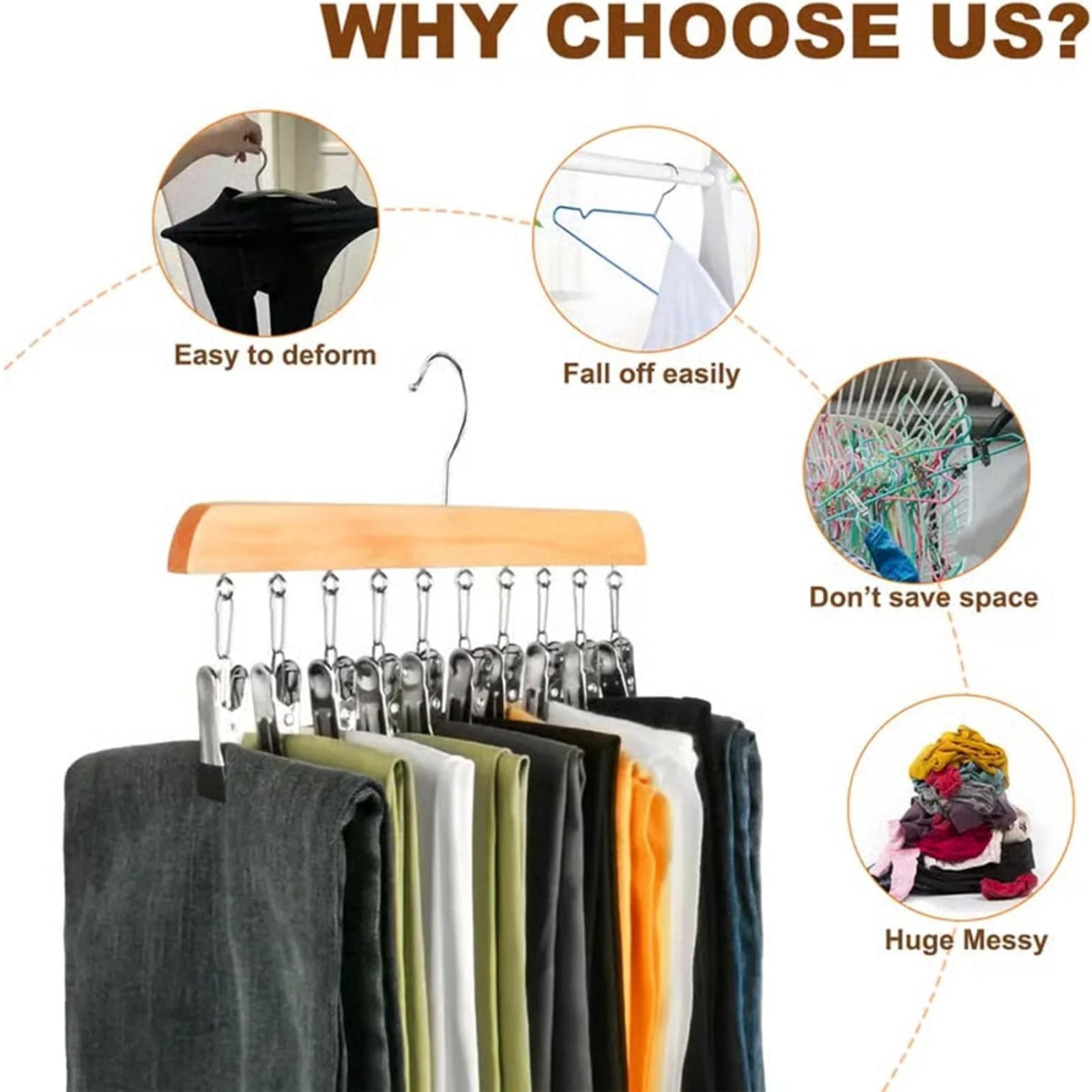 Closet Organizer with 10 Clips, Wooden Hanging Pants and Legging Hanger, 360° Rotating Hook Space Saving Closet Storage for Jeans Scarves Socks