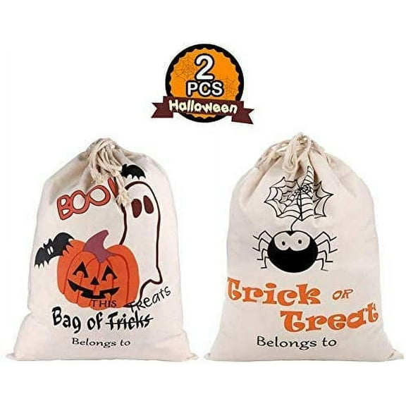 OurWarm 2pcs Halloween Trick or Treat Bags for Kids, Reusable Canvas Drawstring Tote Bag 17 x 14 Inch Spider Pumpkin Gift Sack Halloween Party Decorations