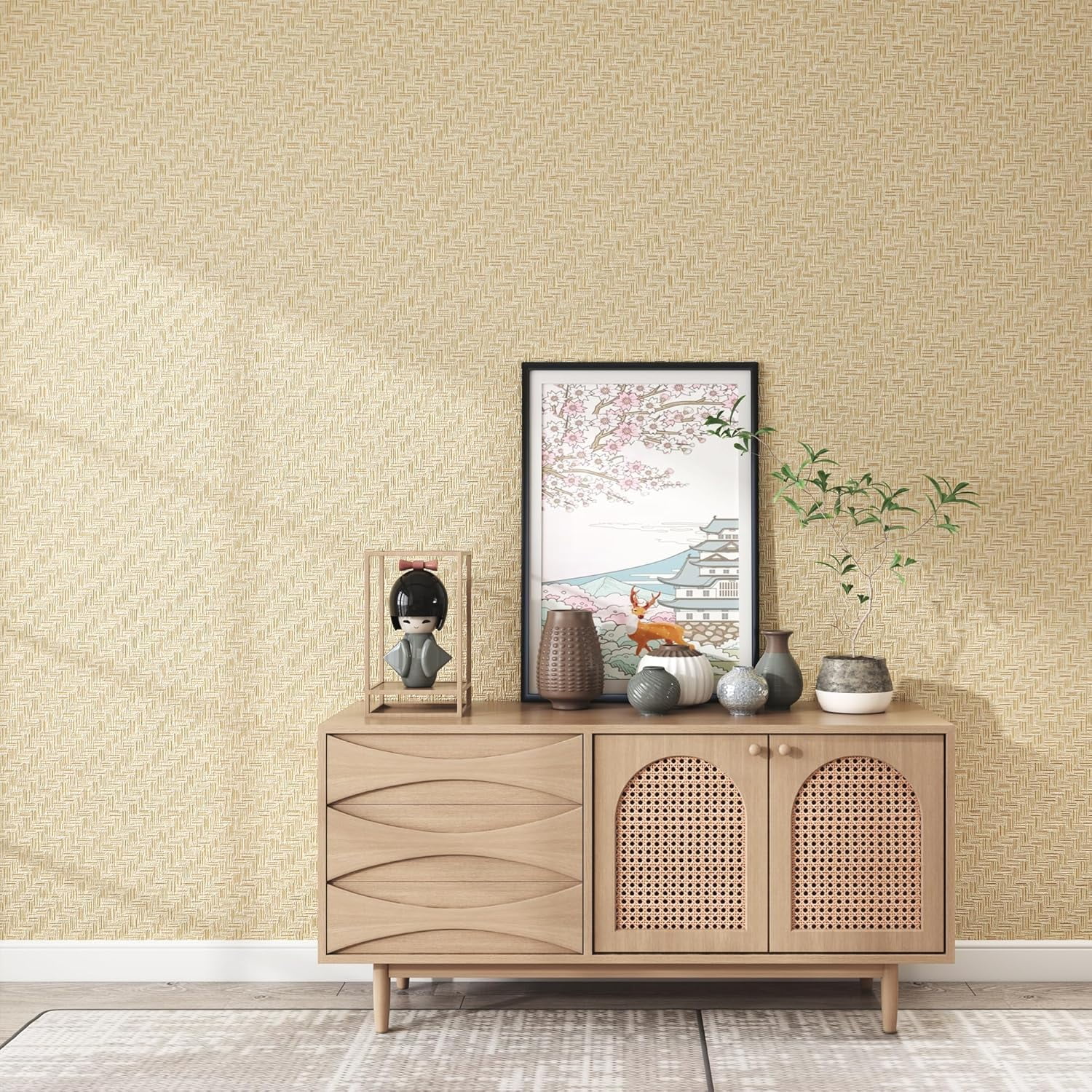 Fabric Wallpaper Textured Contact Paper (24in X 393in) Grasscloth Wallpaper Peel and Stick Faux Linen Wall Paper Waterproof Vinyl Self Adhesive (Light Brown-1)