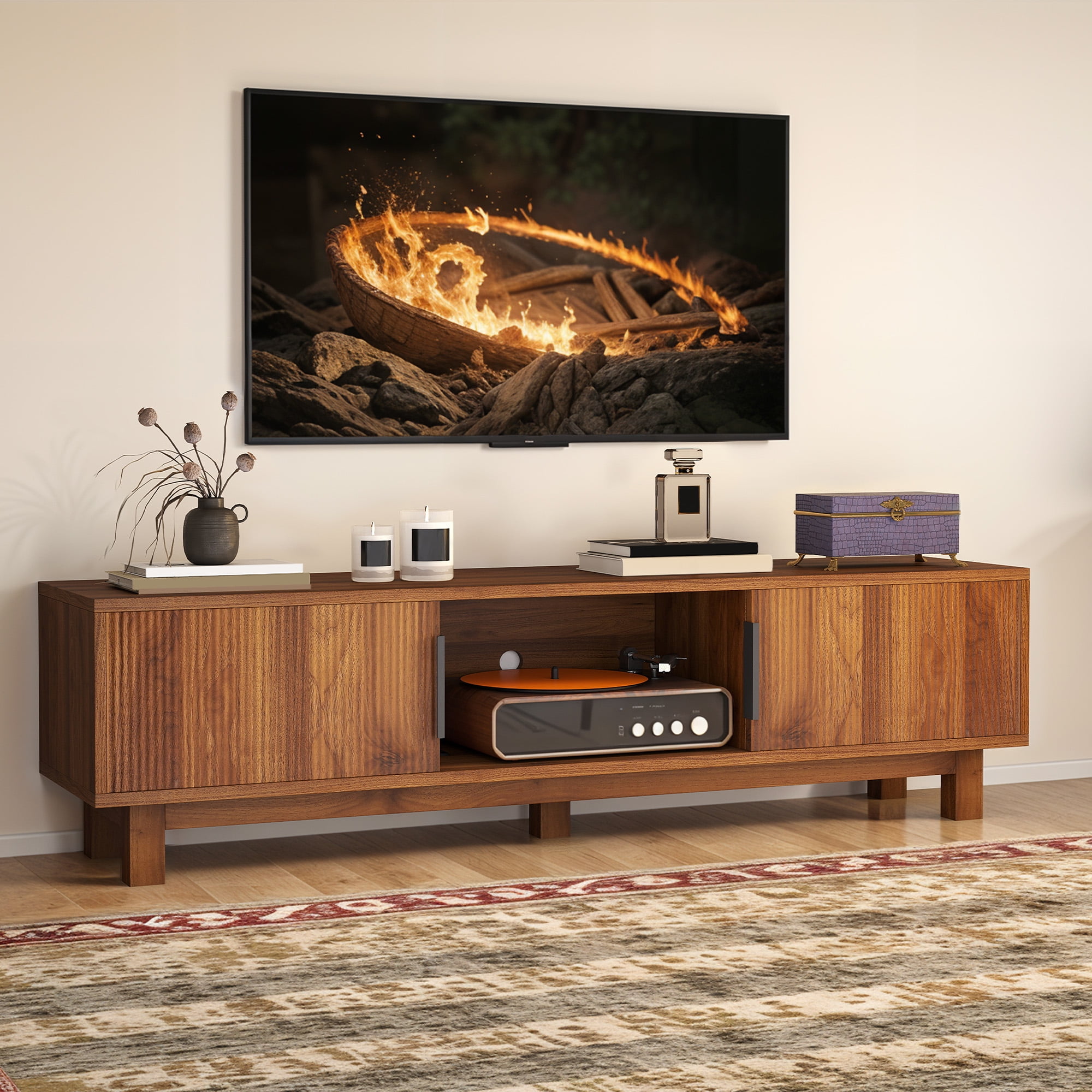 Uforic Fluted TV Stand for 65" TVs, Modern Living Room Media Console with Adjustable Shelf & Power Outlets, Walnut