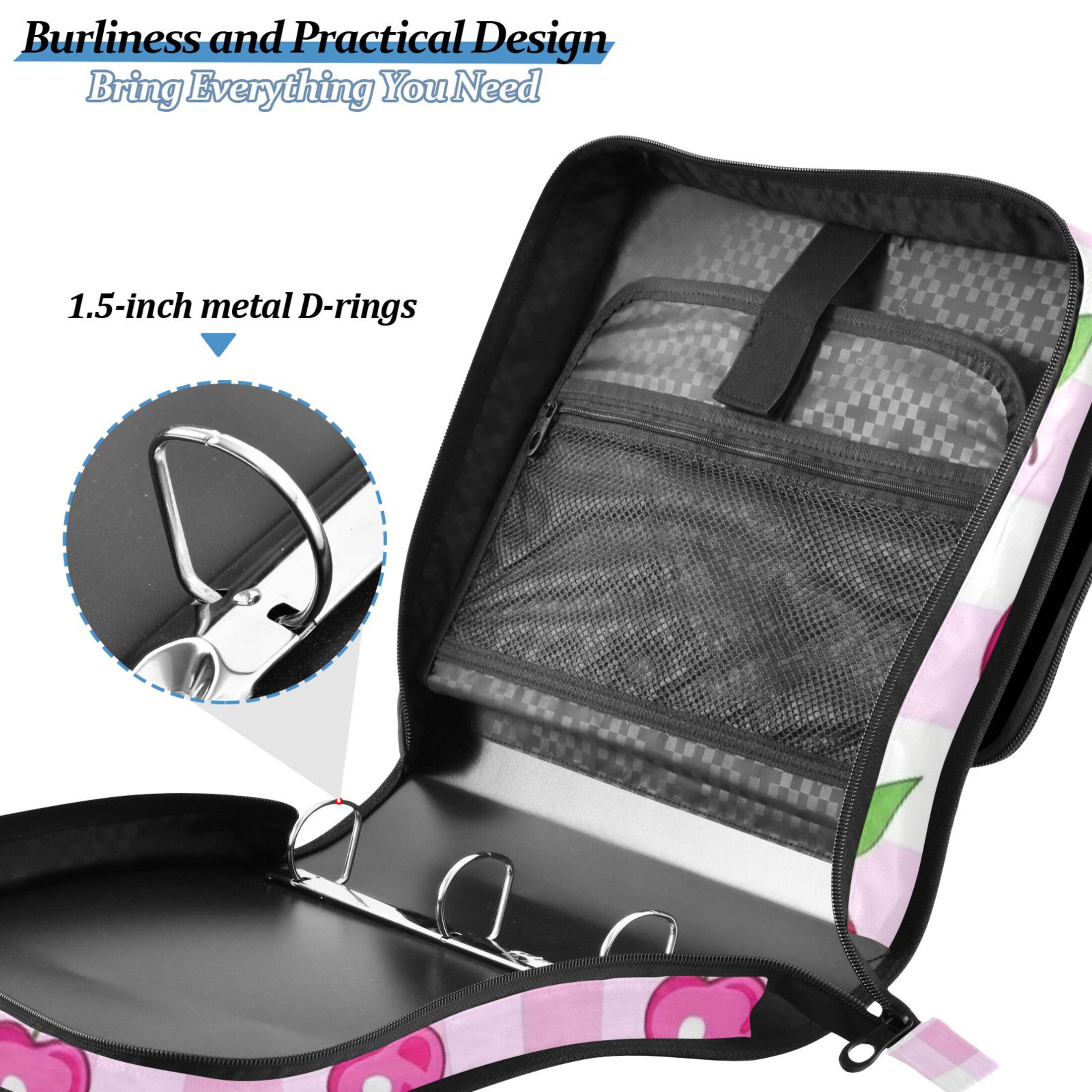 3 Ring Zipper Binder with Shoulder Strap Waterproof Trapper Keeper 2 Inch D-Ring 500 Sheets Capacity Cherry on Plaid