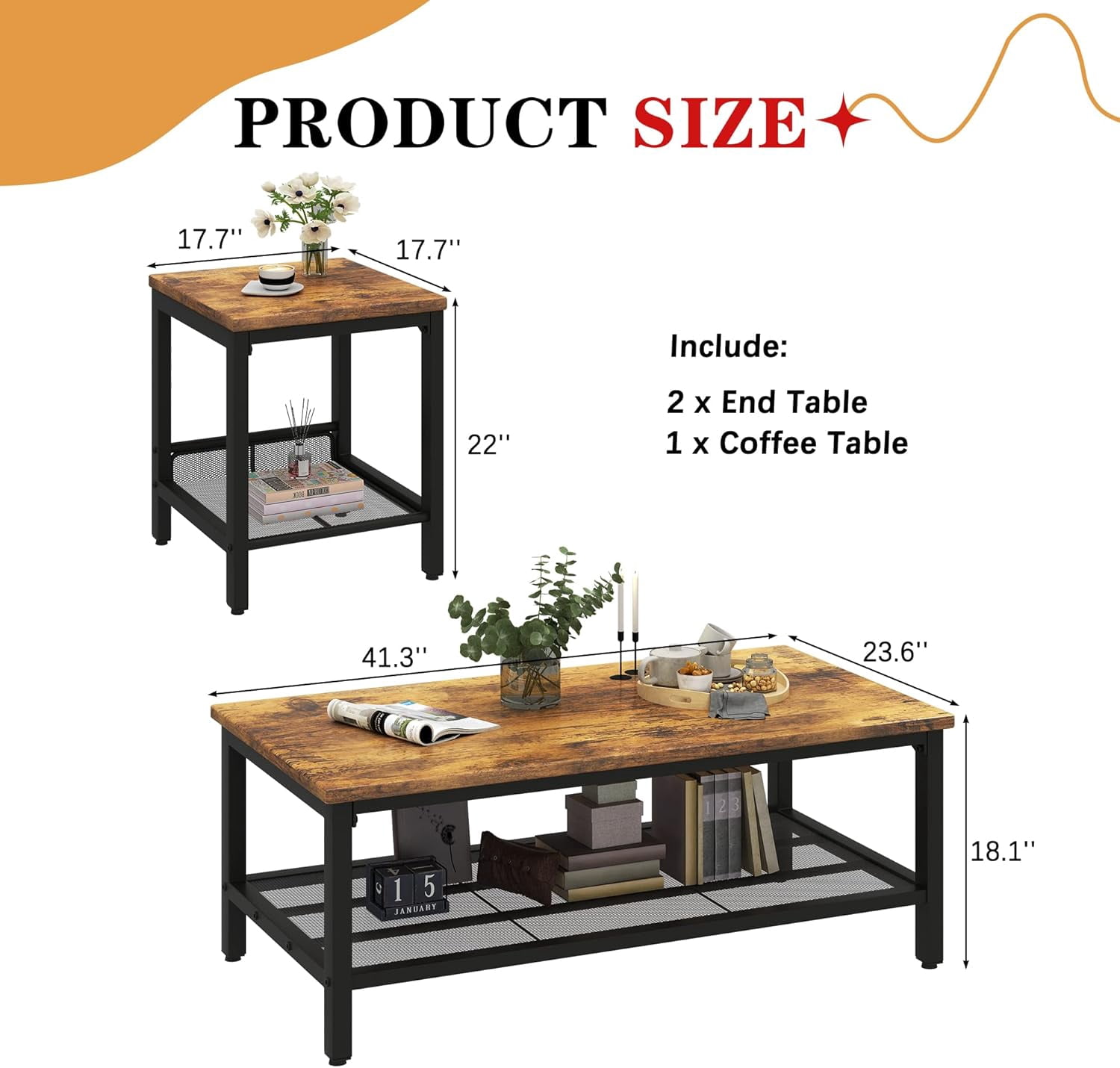 MOOSENG Coffee Table Set of 3, Industrial Vintage Wood Coffee Table with 2 Square End Side Tables, Easy Assembly Living Room Table Set for Offices, Living Rooms and Apartments, Brown