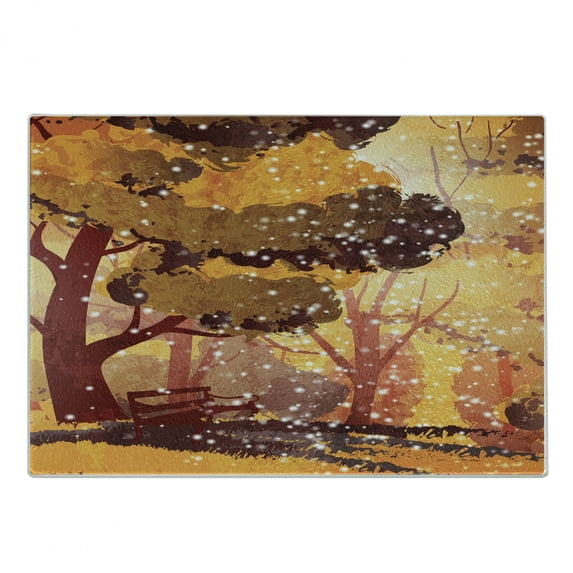 Nature Cutting Board, Digital Illustration of Abstract Scene Trees and Bench with Winter Snowfall, Decorative Tempered Glass Cutting and Serving Board, in 3 Sizes, by Ambesonne