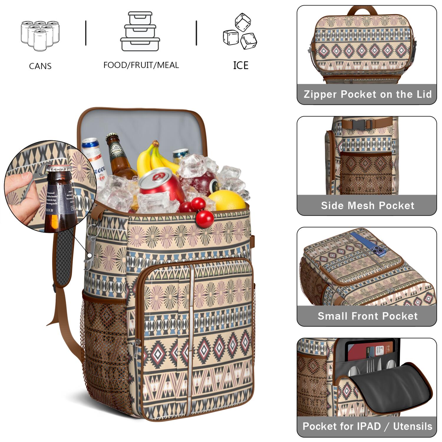 Travel Cooler Bag - Boho Bohemia Pioneer Flower Geometric Line Art Camping Beer Cooler Backpack with Bottle Opener- Waterproof Insulated Picnic Backpacks - Cooler Bag for Beach