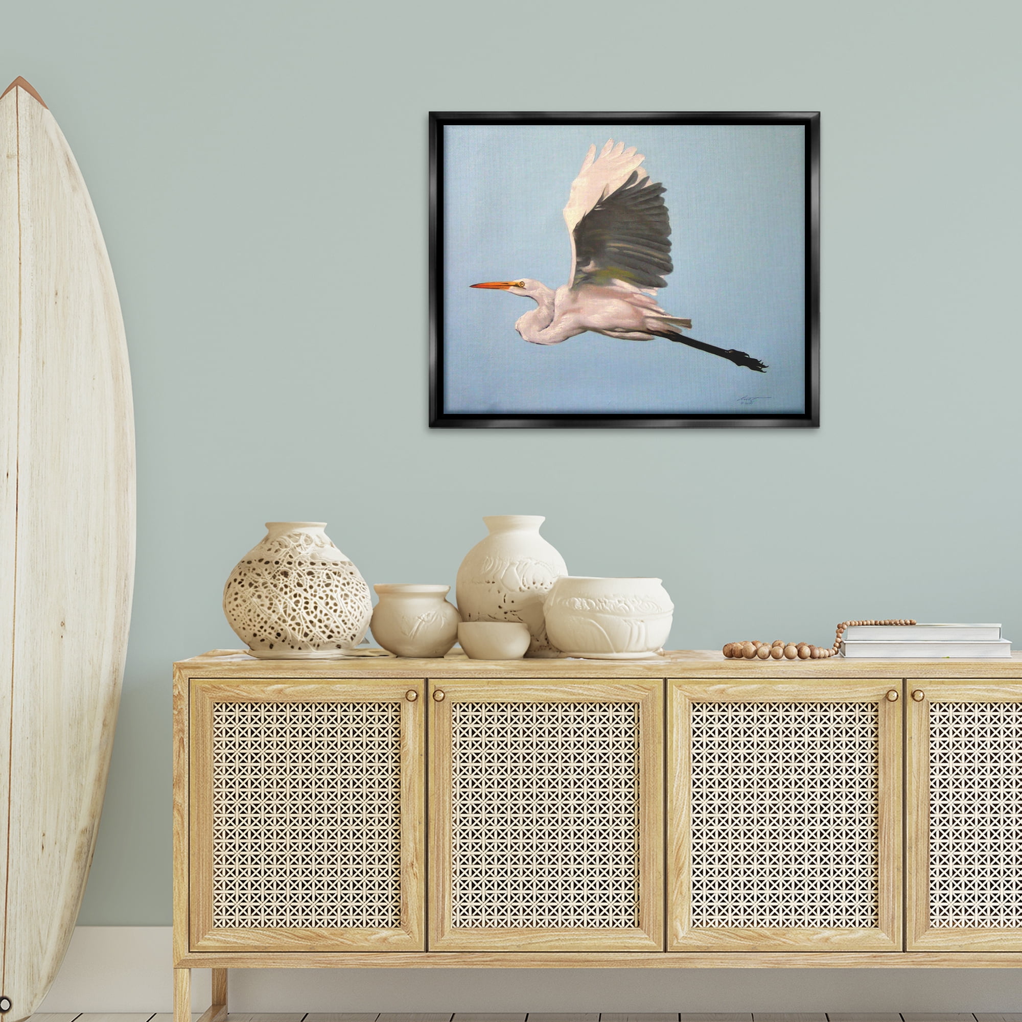 Stupell Industries Graceful Egret Flying Animals & Insects Painting Black Floater Framed Canvas Art Print Wall Art, 31 x 25