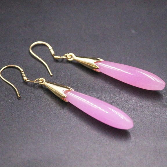 K-KED Real Jade Earrings Dangle Elegant 18K Gold Plated Long Pink Red Earrings