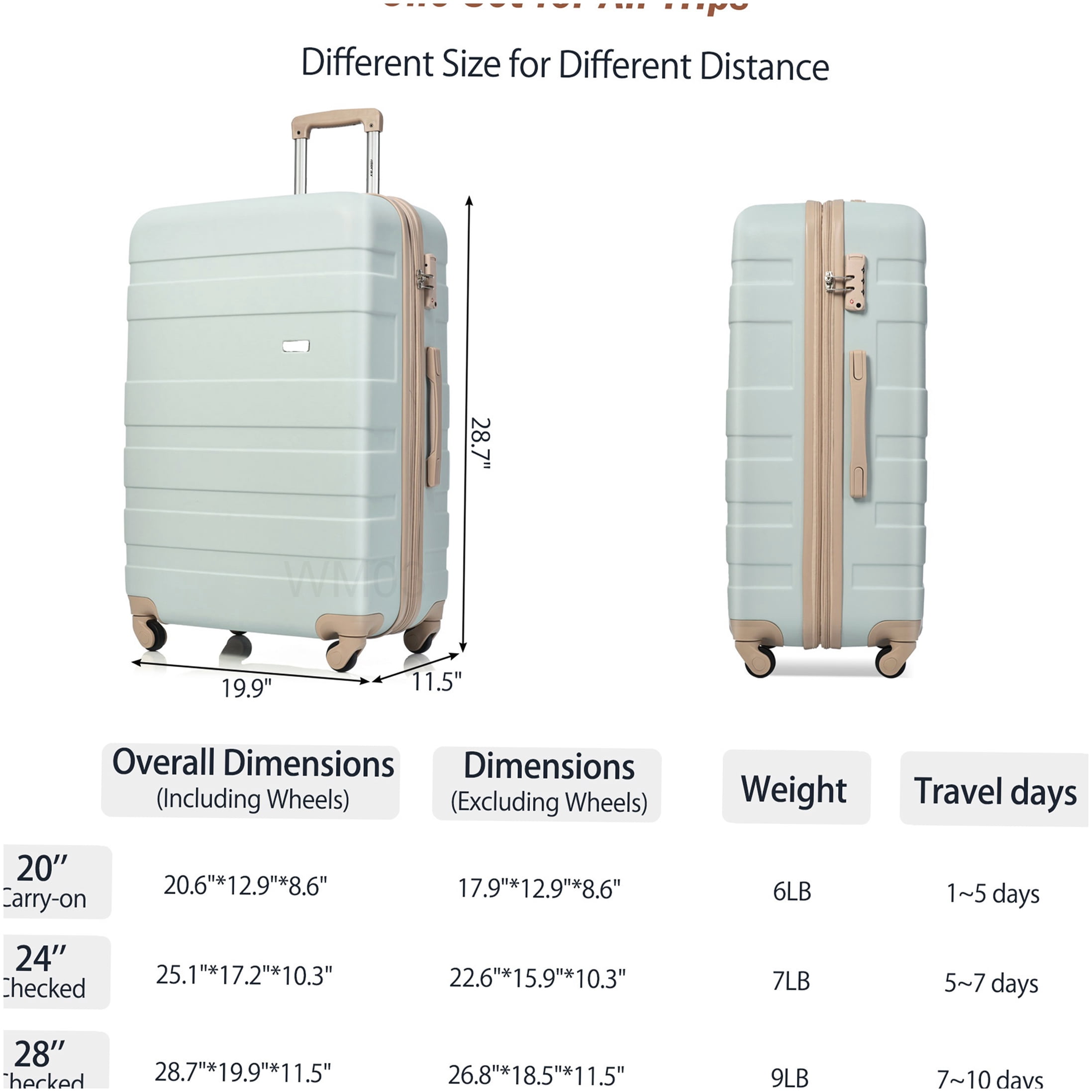 CHAMPFLAG Green 24 Inch Checked Luggage 3-Piece Set with Spinner Wheels, TSA Lock, and Wet-Dry Toiletry Organizer
