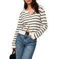 thumbnail image 3 of Women Crew Neck Drop Shoulder Button Down Cropped Knit Cardigan Black & White S, 3 of 7