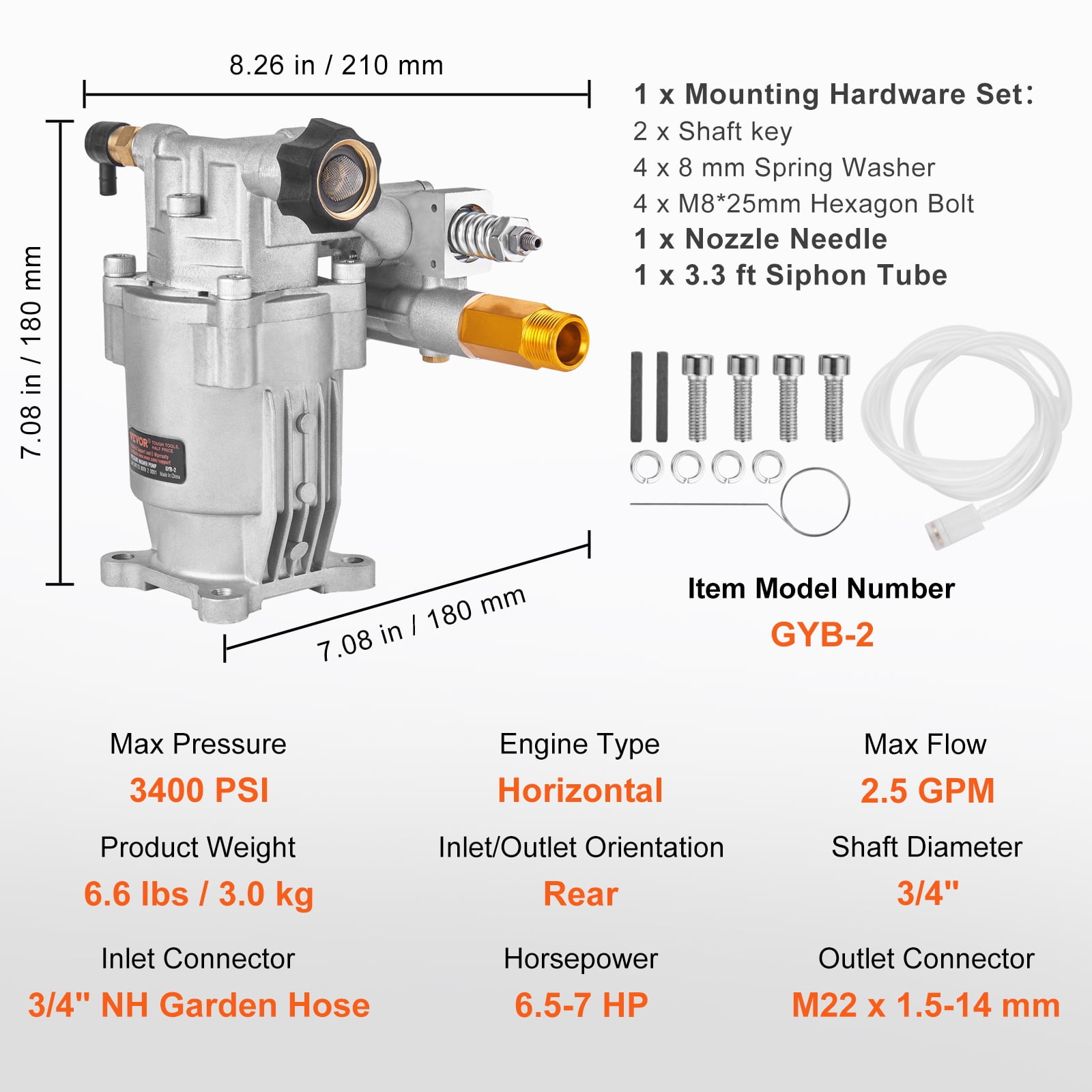 VEVOR Pressure Washer Pump, 3/4" Shaft Horizontal, 3400 PSI, 2.5 GPM, Replacement Power Washer Pumps Kit, Parts Washer Pump, Compatible with Honda, Simpson, RYOBI, Briggs & Stratton, Subaru