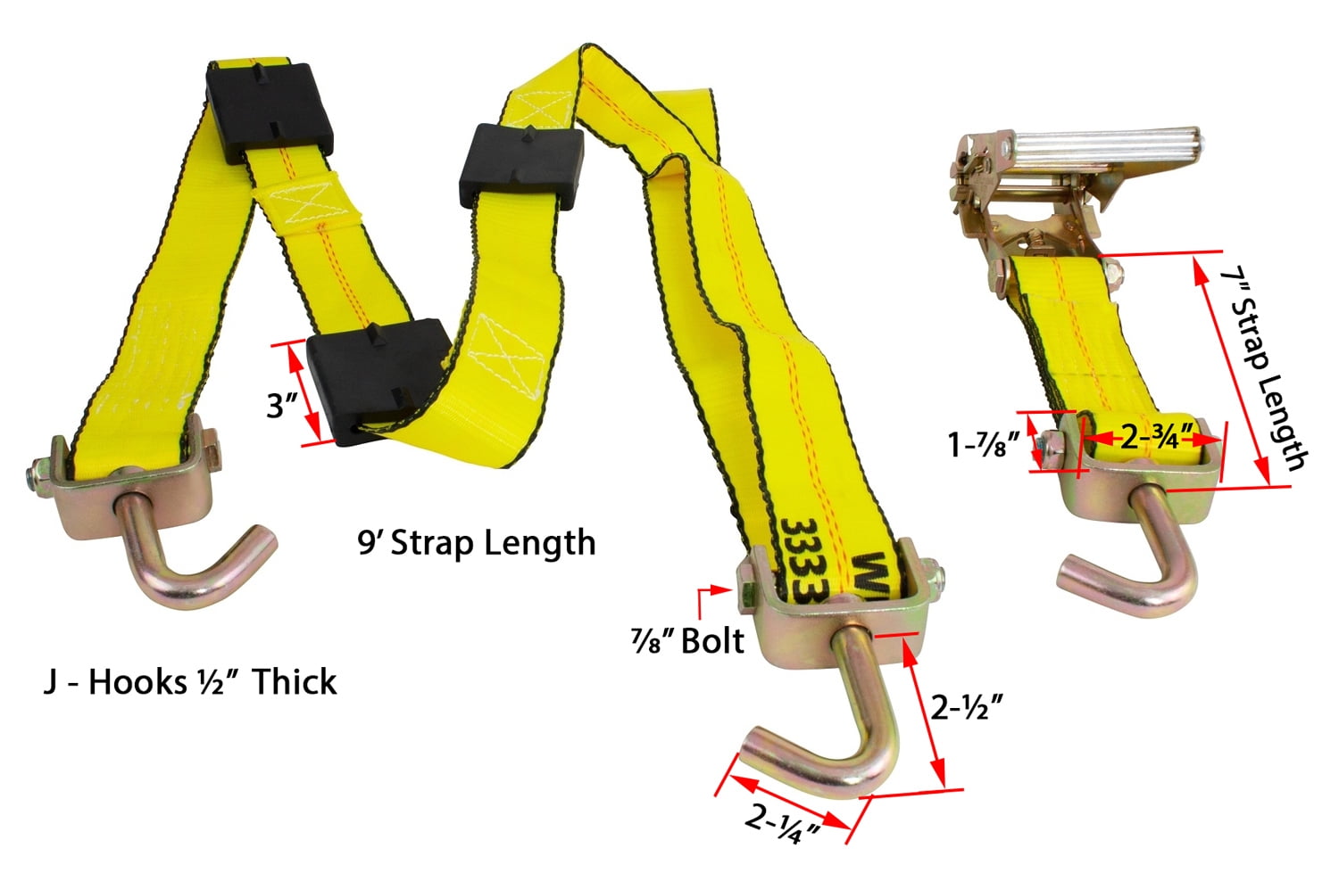 Mytee Products 8 Pack 2"x9' Over The Wheel Tire Straps with Ratchet, Swivel J Hook & Rubber Blocks - 10,000 LBS Breaking Strength Towing Tie Down Straps for Auto Car Haulers, UTV, Truck Trailer Bed