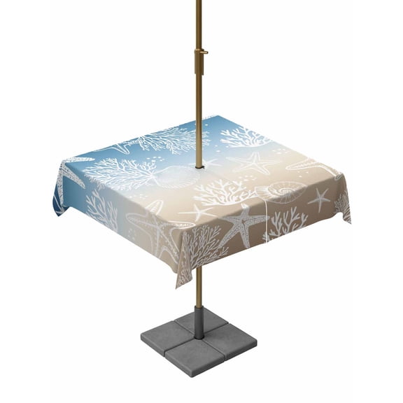 Square Outdoor Tablecloth with Umbrella Hole Blue Brown Ombre Coastal Table Cloth Waterproof Patio Table Cover Sea Nautical Summer Beach Starfish Coral Zipper Tablecloths for Picnic 54x54 Inch